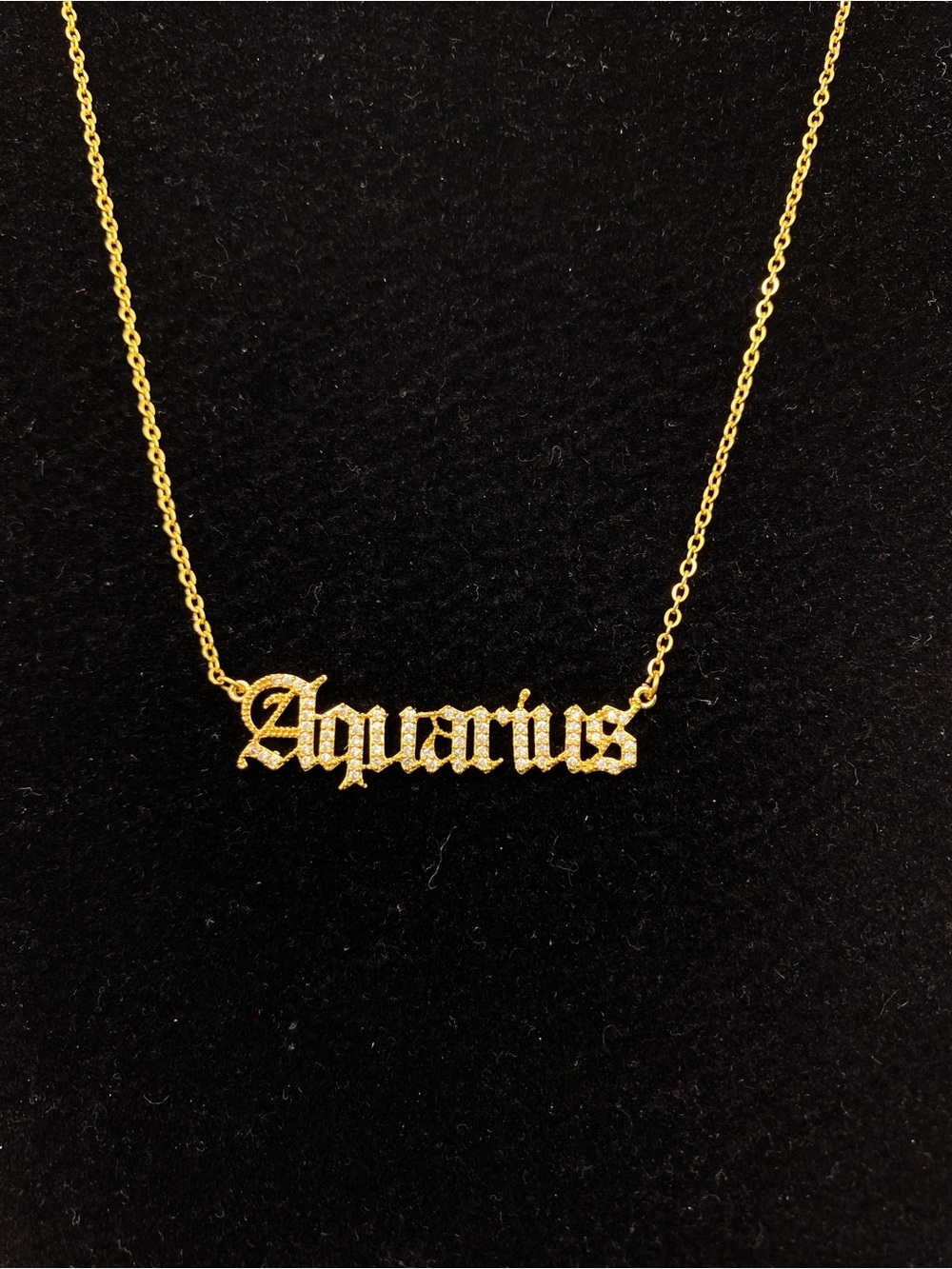 Gold Tone Aquarius Zodiac Script Letter Necklace Sparkly Crystal 16”